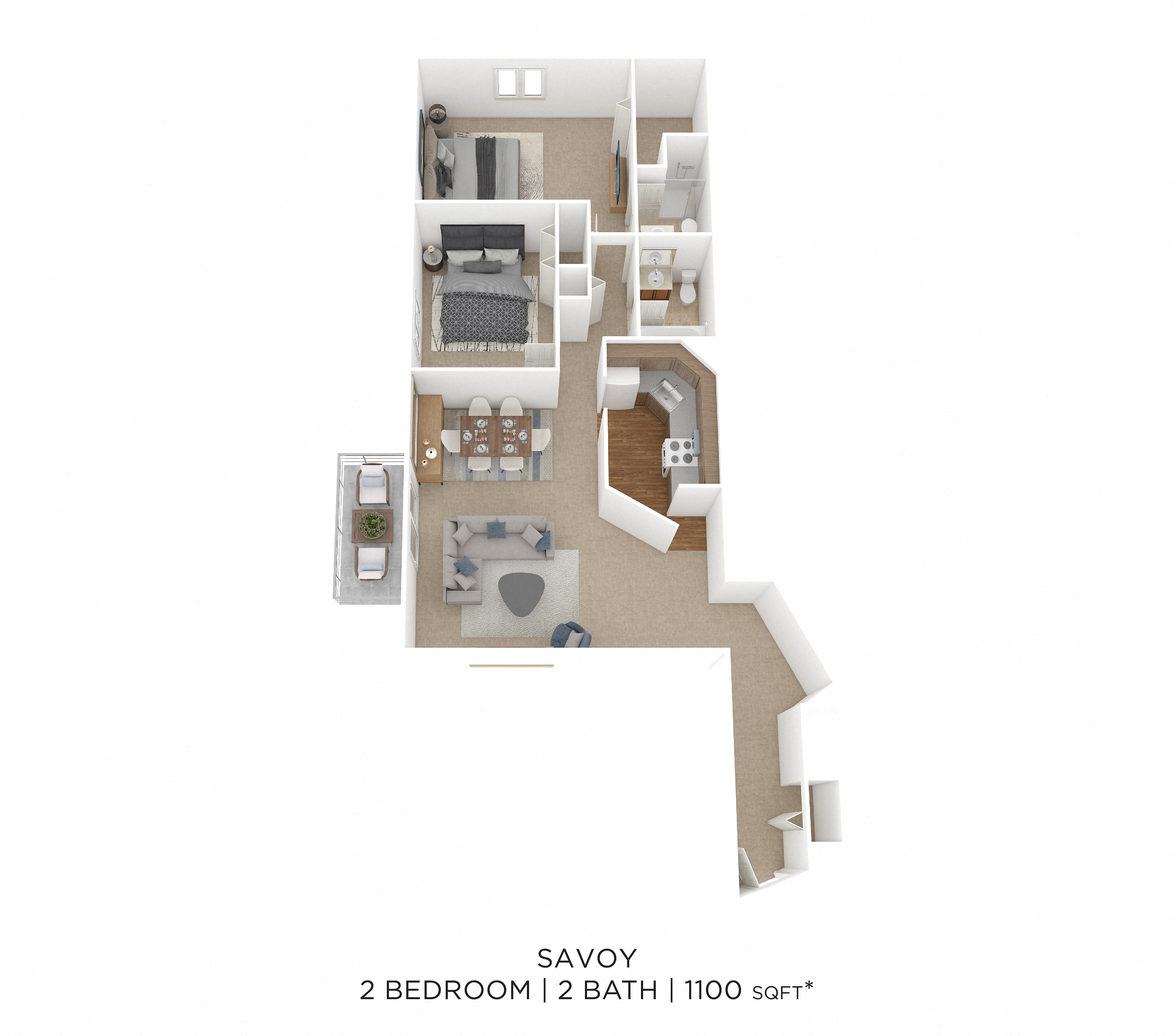 Floor plan for 2 beds, 2 baths, 1100 sqft